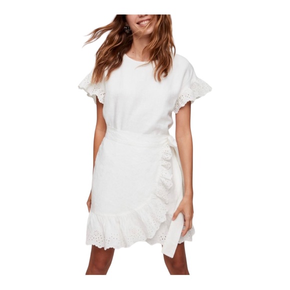Aritzia Wilfred White Linen Mini Wrap Dress Ruffles Short Sleeves Size XS - Picture 1 of 13